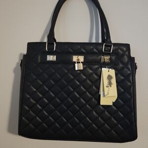 Quilted Black Structured Satchel Tote Handbag w/ Gold Turn-Lock (NWT)